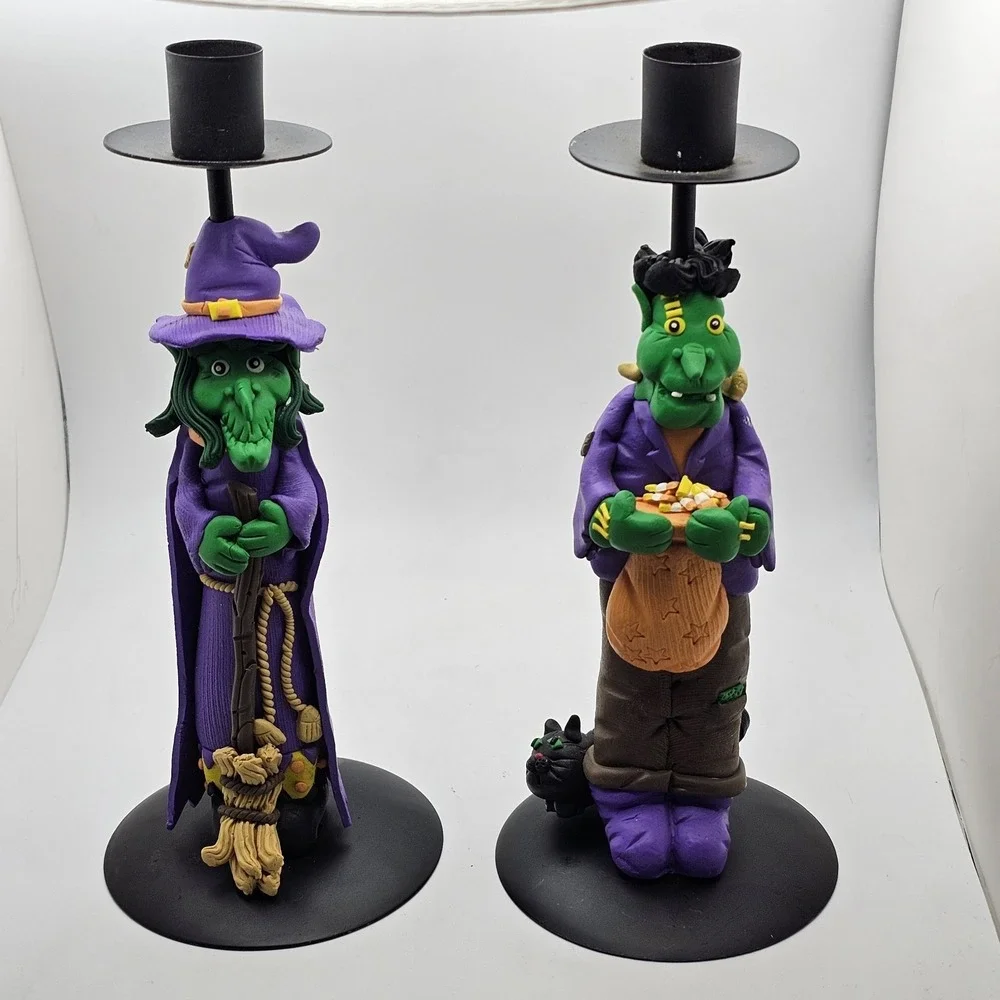 Halloween Candlestick Holders Witch & Frankenstein Polymer Clay 9.0